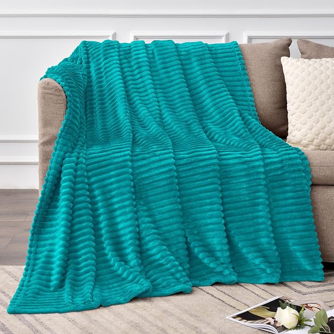 BEDELITE 3D Ribbed Ocean Blue Fleece Throw Blanket for Couch, 50x60 Inch | Soft Warm Decorative Fluffy Blanket, Cozy Plush Lightweight Fuzzy Throw Blanket for Bed Sofa Home Room Decor, Gift for Women