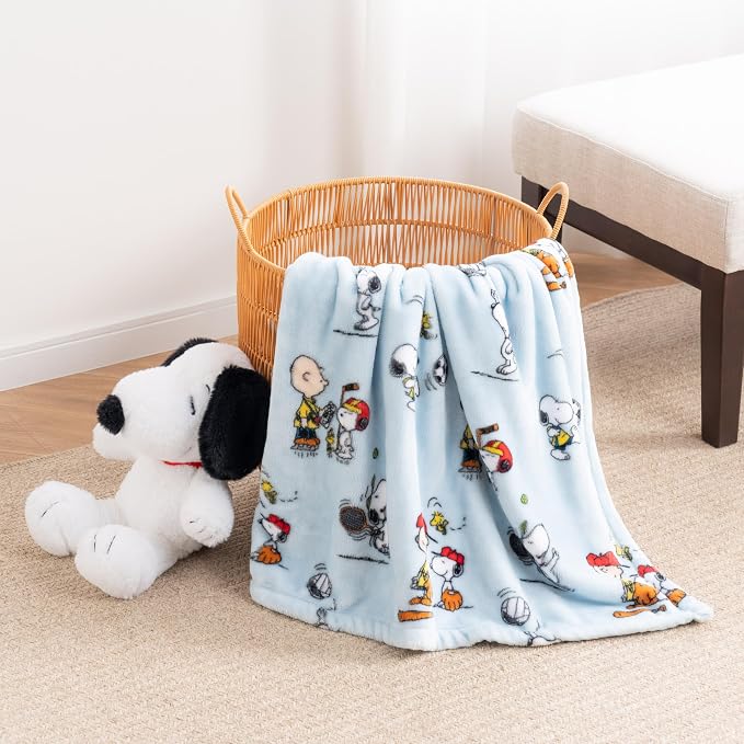 Berkshire Blanket Peanuts® VelvetLoft® Cute Character Snoopy Plush Throw Blanket,Snoopy the Athlete Closed in Blue,Throw 55 in x 70 in (Official Peanuts® Product)