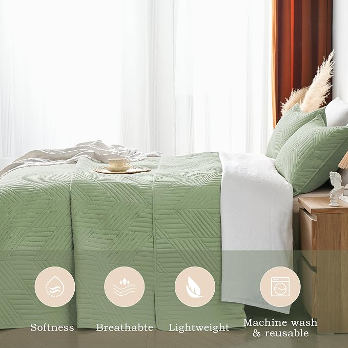Davulos Twin Quilt Bedding Set,Sage Green Ultrasonic Quilt Set Reversible Microfiber Bedspread,Lightweight Soft Modern Geometric Coverlet Set for All Seasons(1 Quilt,1 Pillow Sham)