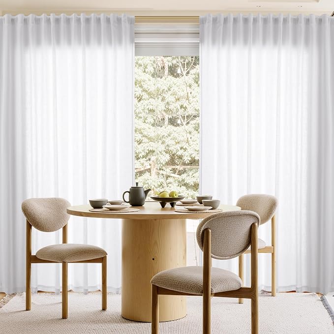 Extra Long Linen Curtains 120 Inches for Living Room Back Tab Semi Sheer High Floor to Ceiling 10ft Light Filtering Curtain Boho Farmhouse Decor Window Drapes for Bedroom 2 Panels White