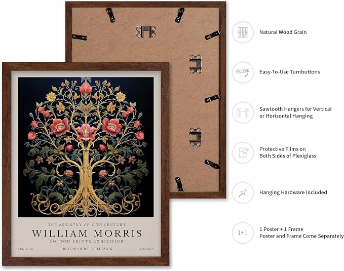 Poster Master William Morris Poster - Tree of Life Print - Flower Art - Botanical Design - Exhibition Display - Floral Painting - Aesthetic Artwork - Great Office or Bedroom Decor - 16x20 Brown Framed