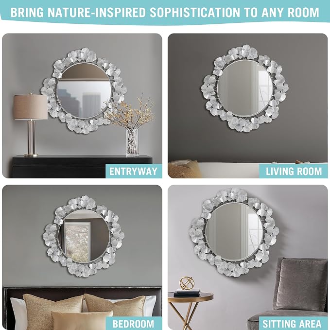 Martha Stewart Wall Décor Large Gingko Leaf Round Wall Mirror for Living Room, Iron Metal Plate Frame Antique Finish, Ready to Hang Bedroom Decoration, Eden, 30.5", Silver