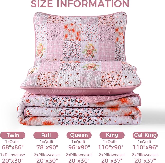 Mybedsoul Boho Quilt King Size, Patchwork Bedding Set, Pink White | Soft Lightweight Microfiber Floral Coverlet Set, 3 Pieces Plaid Bedspread, Bed Sets for All Seasons 90"x110"