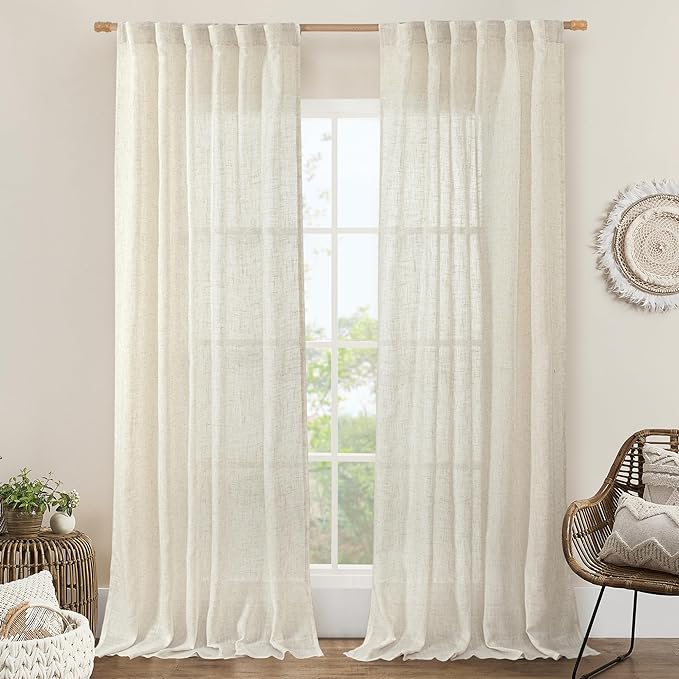 Natural Linen Blended Curtains for Living Room 120 Inch Semi Sheer | Light Filtering, Country Rustic, Curtains for Bedroom, Farmhouse, Rod Pocket Back Tab, 2 Panels,52 x 120 Inch, Natural Ivory