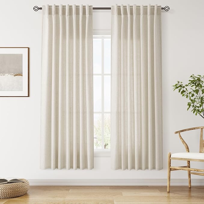 Vanilla Linen Curtains for Living Room 72 Inches Long Luxury Light Filtering Semi Sheer Curtain Back Tab Modern Farmhouse Decor Elegant Coastal Drapes for Bedroom Office 52x72, 2 Panels