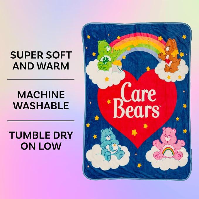 Silver Buffalo Care Bears Rainbow Heart Logo, Fleece Throw Blanket, 45x60in | Bedtime and Tenderheart Bear, Cheer, Soft and Cozy, 180 GSM