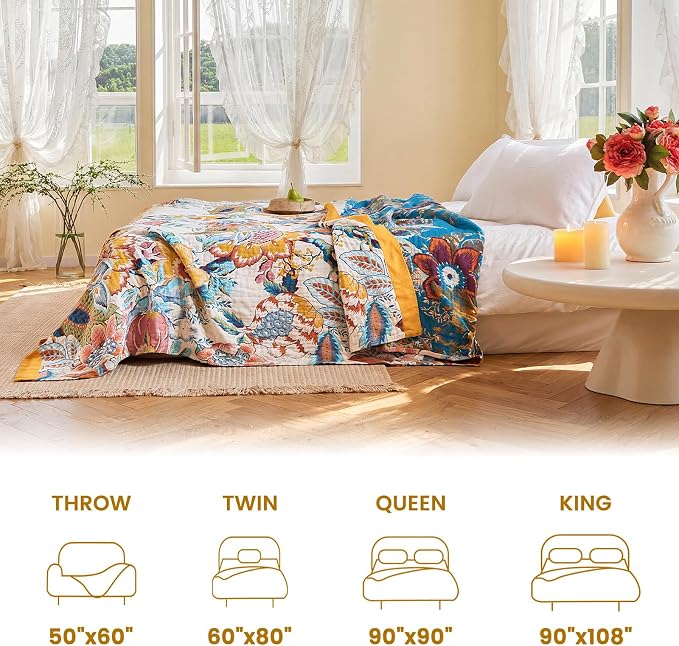 MSGKV Boho Throw Blanket 60"x80" Summer Cotton Floral Blanket for Couch Bed | Muslin Throw, Floral Pattern, Reversible Woven, Twin Size Blanket, Lightweight Comfort, Farmhouse Decor, Machine Washable