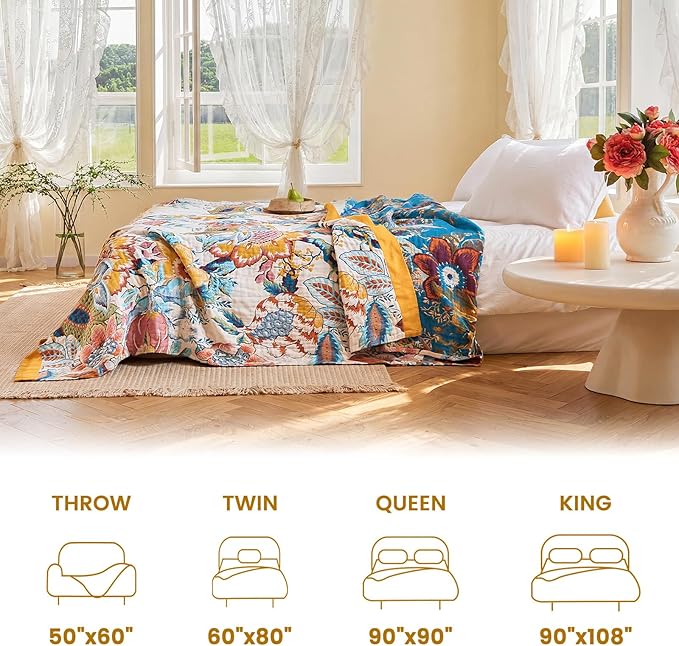 MSGKV Boho Throw Blanket 90"x90" Summer Cotton Floral Blanket for Couch | 100% Cotton Muslin, Floral Throw Blanket, Reversible Weave, Soft & Breathable, Everyday Home Comfort, Machine Washable