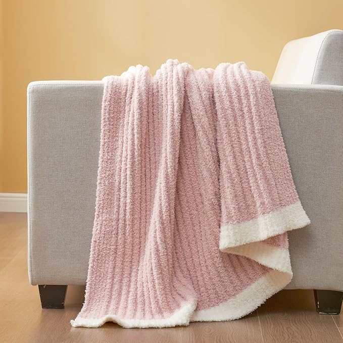 Snuggle Sac Fluffy Ribbed Pink Blanket Twin Size, Soft Luxurious Knit Throw, Fuzzy Plush Microfiber Blankets for Couch, Sofa, Bed, Pink, 60x80 inches