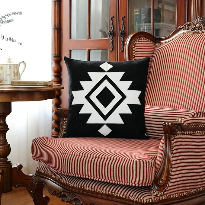 IKATYARN Black White Aztec Southwestern Throw Pillow Cover, Boho Tribal Geometric Pillowcase, Modern Farmhouse Cushion Case for Couch Sofa Bed, 16"x16"
