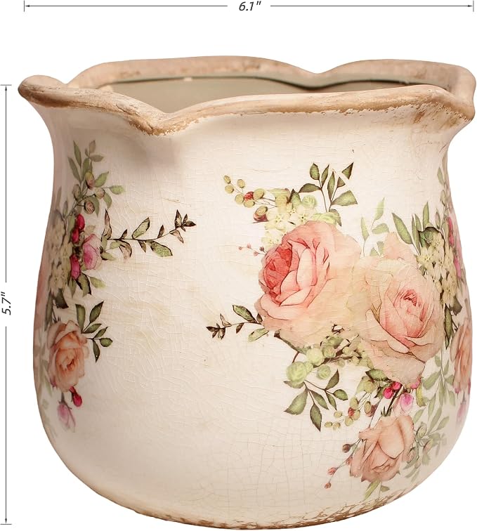 Ceramic Flower Vase, Rustic Farmhouse Vases & Planting Pots with Drainage | Decorative Utensil Vase, European Cottage Home Decor, Mantel Fireplace Bookshelf Wedding Centerpieces, Pink Rose Floral