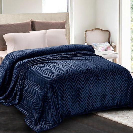 Whale Flotilla Flannel Fleece Bed Blanket Queen Size, Navy Blue | Lightweight Breathable Soft Bedspread, Plush Fluffy Coverlet Chevron Design Decorative Blanket for All Season, 90x90 Inch