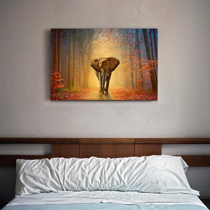 artopia Elephant Canvas Picture Walking Forest: African Wild Animal Wall Art Yellow Red Painting Autumn Nature Prints For Bedroom Living Room Decor 36x24