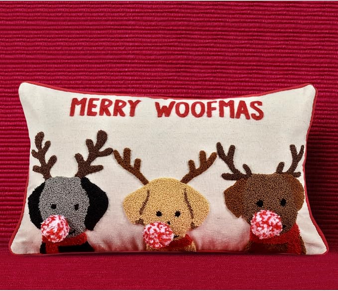 Merry Woofmas Christmas Pillow Covers 12x20, Cute Dog Embroidered Throw Pillowcases Christmas Decorations Holiday Pillows for Home Couch,Linen/red