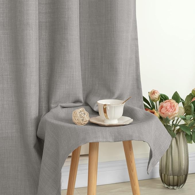Grey Semi Sheer Linen Curtains 90 Inch Long for Bedroom 2 Panels | Thick Linen Textured, Burlap Curtains, Light Filtering, Privacy Drapes for Living Room, French Door, Grommet, 52 x 90 Inch