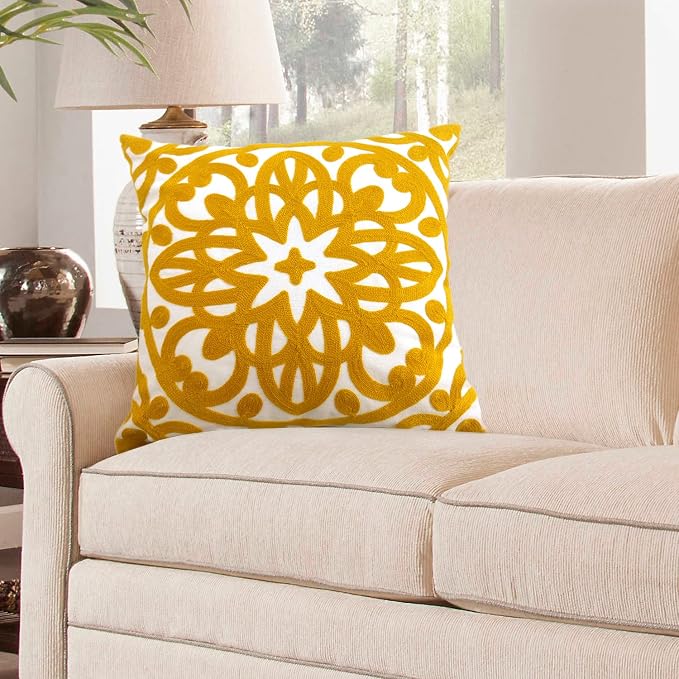 Alysheer Embroidered Decorative Throw Pillow Cover 20"x 20", Boho Mandala Modern Thick Embroidery Pattern, Durable Cotton Canvas Soft Cushion Case for Sofa Couch Bed Living Room (Mustard Yellow)