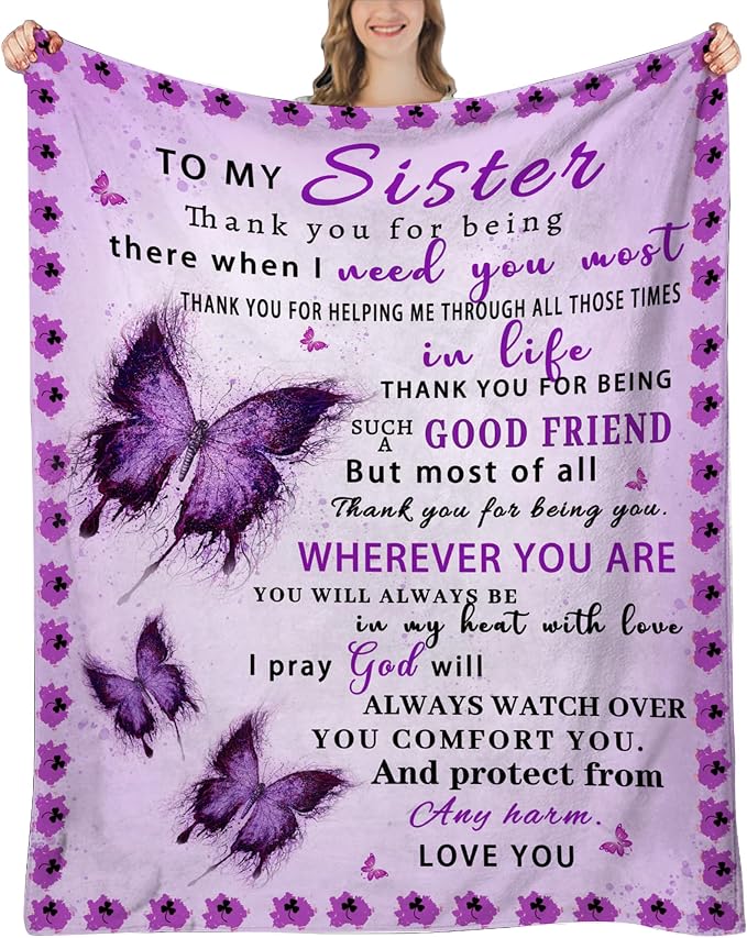 Sister Birthday Gifts Purple - Sister Blanket, Christmas Mothers Day Birthday Gifts for Sisters from Sisters Adult, Present for Sis, Soft Flannel Throw Blanket, Purple Butterfly, 60"x50"