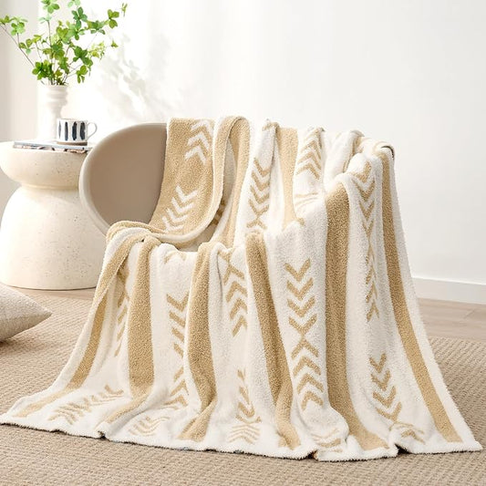 Snuggle Sac Beige Boho Throw Blanket, 50x60 Soft Reversible Fuzzy Knit Throw for Couch, Sofa, Bed, Travel, Cozy Plush Microfiber Blanket for Neutral Home Decor & Gifts