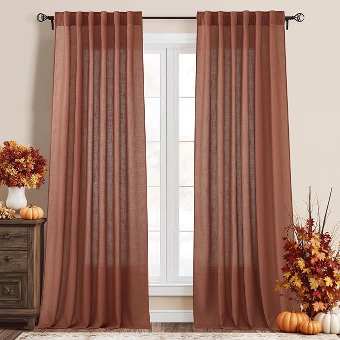 RYB HOME Linen Semi Sheer Curtains for Bedroom Living Room 95 inches Long | Light Filtering Privacy, Farmhouse Rustic Decor, Office Balcony Sliding Glass Door, W52 x L95, 2 Panels, Terracotta