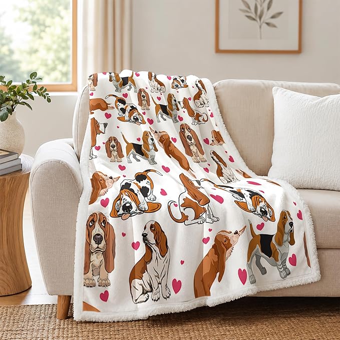 BlessLiving Throw Blanket, White Brown Dog Animal, 60x80 in | sherpa fleece fabric, Basset Hound Dense Pet Blankets Puppy print, for couch or sofa, pet lovers, easy machine care