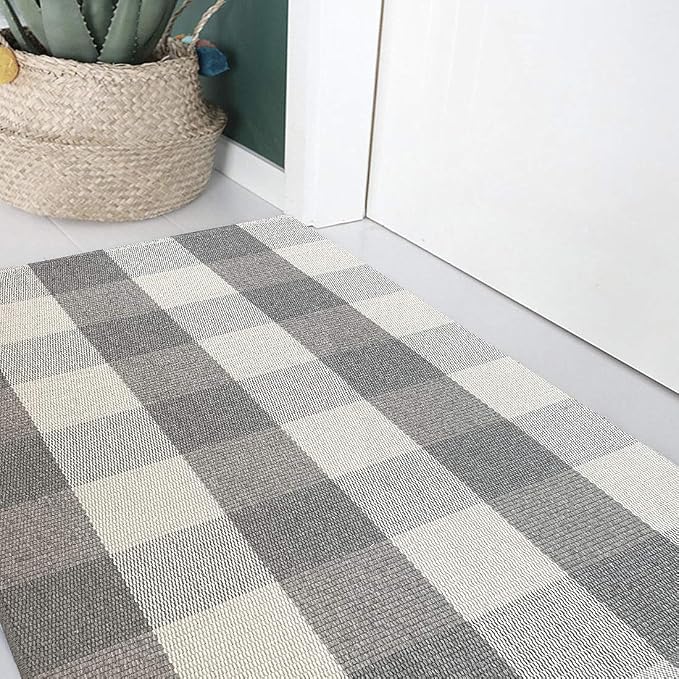 LEVINIS Grey Buffalo Check Rug 2' x 3' - Cotton Washable Hand-Woven Checkered Plaid Outdoor Rug for Front Porch Entry Way Kitchen Bathroom Bedroom Door Mat