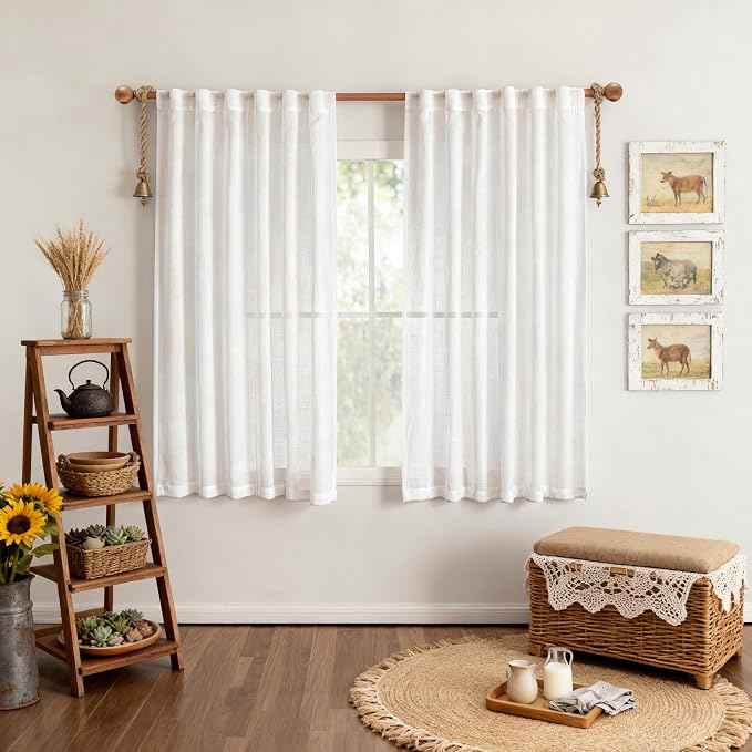 MYSKY HOME White Sheer Curtains 63 inch Length for Bedroom Semi Sheer Light Filtering Curtains Short Window Treatment Privacy Protect Drapes Set, Back Tab Boho Farmhouse Soft, 50" Wide, 2 Pieces