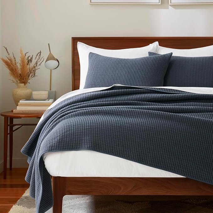 EVERGRACEHOME Cotton Ribbed Matelassé Coverlet Set, Queen, Midnight Blue | Soft Lightweight Bedspread, 3 Pieces, Breathable Cozy Oversized Quilted Bedding Set for All Seasons, with 2 Pillow Shams