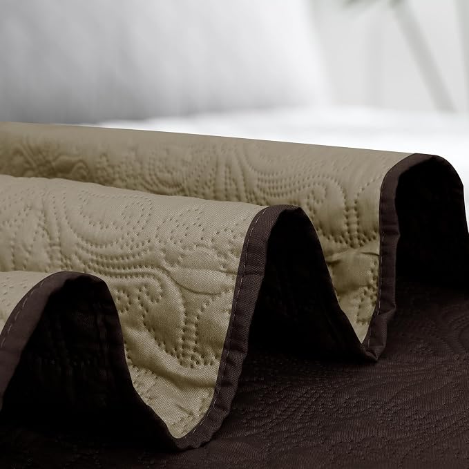 Easy-Going Reversible Quilt Set Full/Queen, Bedspread with 2 Shams | Damask-Chocolate/Beige, Lightweight Bed Comforter, 1 Quilt + 2 Pillow Shams, All-Season Coverlets for Bedroom