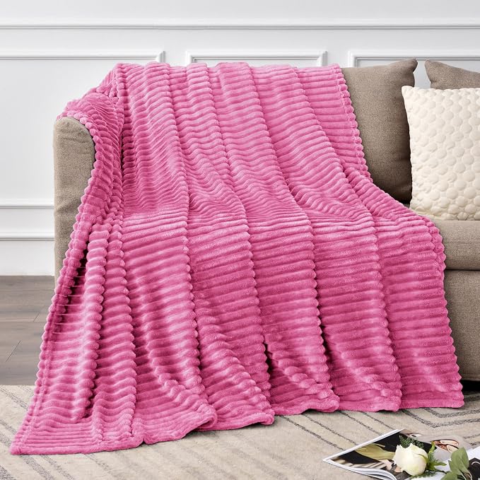 BEDELITE Ribbed Jacquard Hot Pink Fleece Twin Blanket for Bed, 60x80 Inch | Soft Warm Decorative Fluffy Blanket, Cozy Plush Lightweight Fuzzy Throw Blanket for Couch Sofa Room Decor, Gift for Women