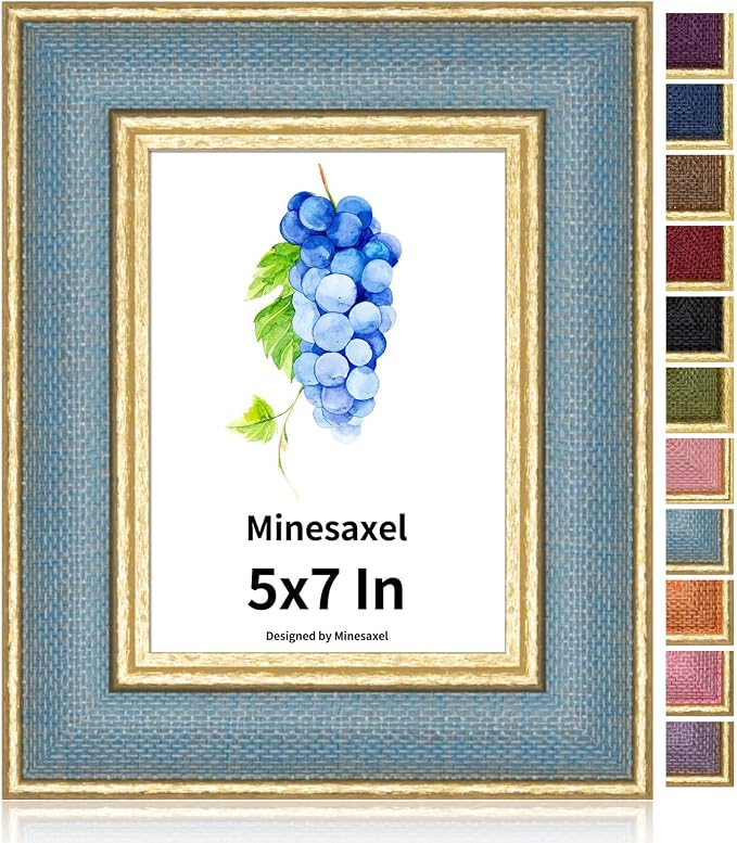 5x7 Picture Frame - Sky Blue Fabric & Vintage Gold Border HD Real Glass with Easel for Tabletop/Wall (Family Photos, Coastal Decor 1 Pack)