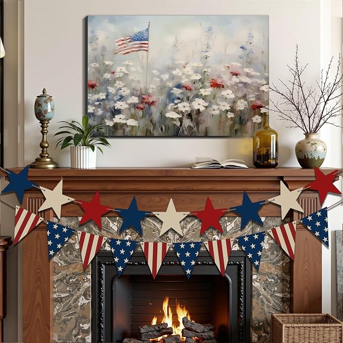 Framed American Flag Wildflower Wall Art, Patriotic Floral Canvas Art Pictures, USA Flag Wall Decor for Living Room Bedroom Office, Ready to Hang Made in USA