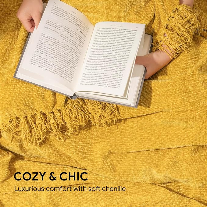 RECYCO Chenille Throw Blanket for Couch, 60"x80", Mustard Yellow | Super Soft Knit Throw Blanket with Fringe Tassels, Lightweight Knitted Throw, Cozy, Ideal for Sofa Chair Bed Living Room Gift