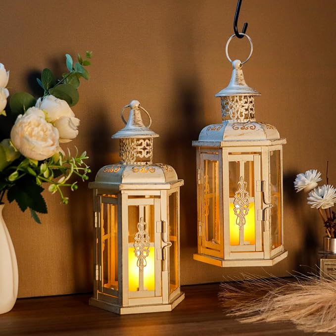JHY DESIGN Set of 2 Rustic Decorative Lanterns 10" H Vintage Hanging Lantern Metal Candleholder for Indoor Outdoor, Events, Parities, Patio and Wedding(White with Gold Brush)