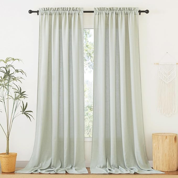 RYB HOME Privacy Semi Sheer Linen Curtains Extra Wide Curtains 108" Length, Rod Pocket Linen Blend Elegant Light Filtering Privacy Protected Panels for Farmhouse/Living Room, Sage, 52" W, 2 Panels