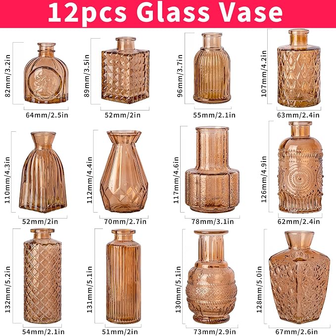 Gold Amber Glass Bud Vase Set of 12, Small Vintage Flower Bottle Petite Glass Flower Vase for Floral Arrangements, Decorative Centerpiece,Table Decor,Home Wedding Party