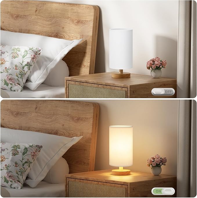 Fenmzee Small Table Lamps (White Shade - Wood Base, 9" Inline Control)