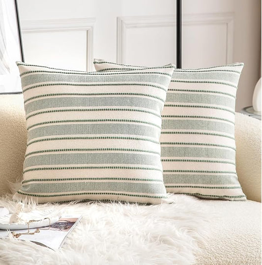 Cethom Decorative Boho Throw Pillow Covers, Farmhouse Textured Pillow Case, 22 x 22 Inch Set of 2, Chair Sofa Bedroom Living Room Home Decor Couch Cushion Case, Green and Beige Striped