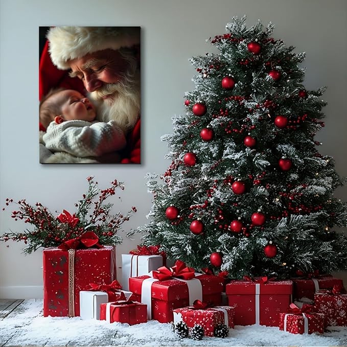 Festive Santa with Baby Christmas Canvas Poster 24x36inch - Warm Holiday Indoor Wall Decor, Framed Wall Art for Living Room, Bedroom, Dining Area & Bathroom, Christmas Home Decor