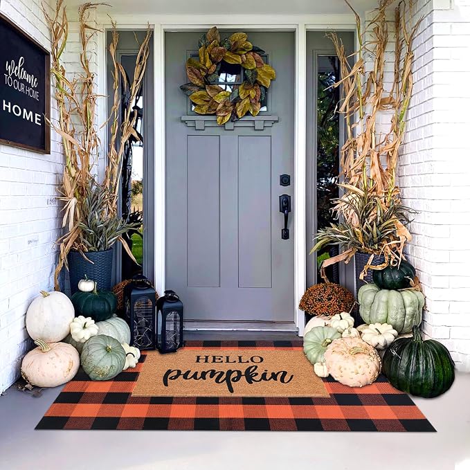 Orange and Black Plaid Rug, 3' x 5' Fall Outdoor Front Door Decor Mat, Cotton Washable Hand-Woven Rug for Layered Doormat, Autumn Halloween Thanksgiving Carpet for Porch, Entryway