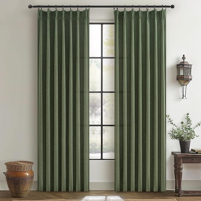 Custom Olive Green Pinch Pleated Drapes Linen Blend Light Filtering Curtains 86 Inches Long for Dining Room 2 Panels Set, Dark Academia Loden Memory Trained Sheer Curtain 84-86 Inch Length for Office