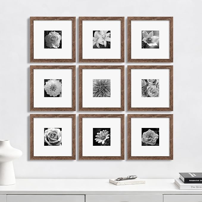 eletecpro Picture Frames Set of 9, 8x8 in, Acrylic Cover, Drift Brown | Display Photo 4x4 with Mat or 8x8 without, Square Gallery Collage, Wall Mount, Minimalist Home Decor, Engineered Wood