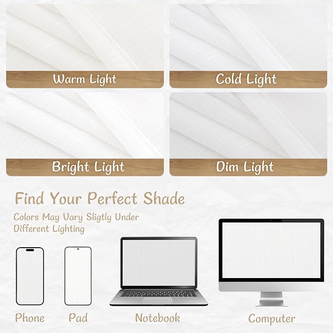 Semi Sheer Linen Curtains 102 Inches Long, 2 Panels, 52 x 102 Inch | White, Light Filtering, Curtains for Living Room, Neutral Window Drapes for Bedroom, Farmhouse, Back Tab Rod Pocket Panels