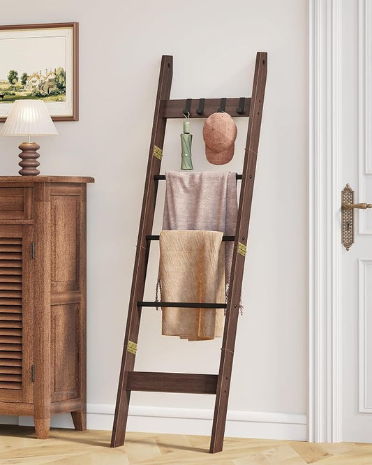 Hzuaneri Blanket Ladder Decorative Quilt Rack with 4 Removable Hooks | 5-Tier Farmhouse Ladder Holder Shelf Organizer for Living Room Bedroom, Black Tea Brown and Black BR02120B
