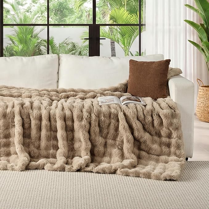 Lotus Karen King Size Faux Fur Blanket Khaki - Big Bubble Rabbit Fluff Blanket for Bed, Large Fluffy Fuzzy Cozy Blanket, Thick Furry Plush Shaggy Blankets, 108x90 Inches
