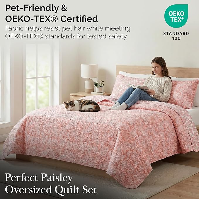 Southshore Fine Living, Inc. Paisley Quilt Queen Size Bedding Set, Summer Coverlet, Boho Bedspread, 3-Piece Farmhouse Bedding with Two Matching Pillow Shams, Full/Queen Bed Set, Reversible Coral