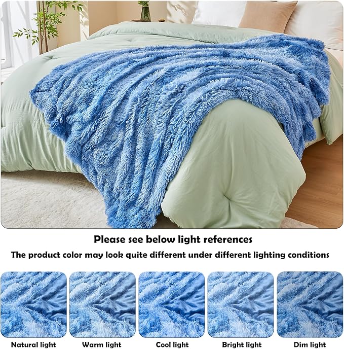 GONAAP Fuzzy Faux Fur Twin Blanket for Couch, Indigo, 60"x80" | Warm Cozy Plush Shaggy Decorative Reversible Thick Non-Heated Fleece Blanket for Sofa Bed, Gift for Women Men, All Season Use