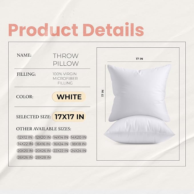 Utopia Bedding 17x17 Pillow Inserts, White Throw Pillows for Couch, 2 Pack | Indoor cushion inserts for bed, sofa & couch, Supportive & fluffy decorative pillows for everyday comfort, Set of 2, White