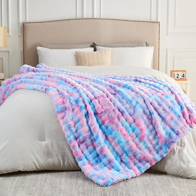 NEWCOSPLAY Faux Fur Bubble Twin Blanket for Couch, Purple Rainbow, 60"x80" | Fluffy Soft Thick Warm Bubble Blanket for Couch Sofa Bed 700GSM, Plush Cozy Luxury Decorative Throw, Gift for Women Men