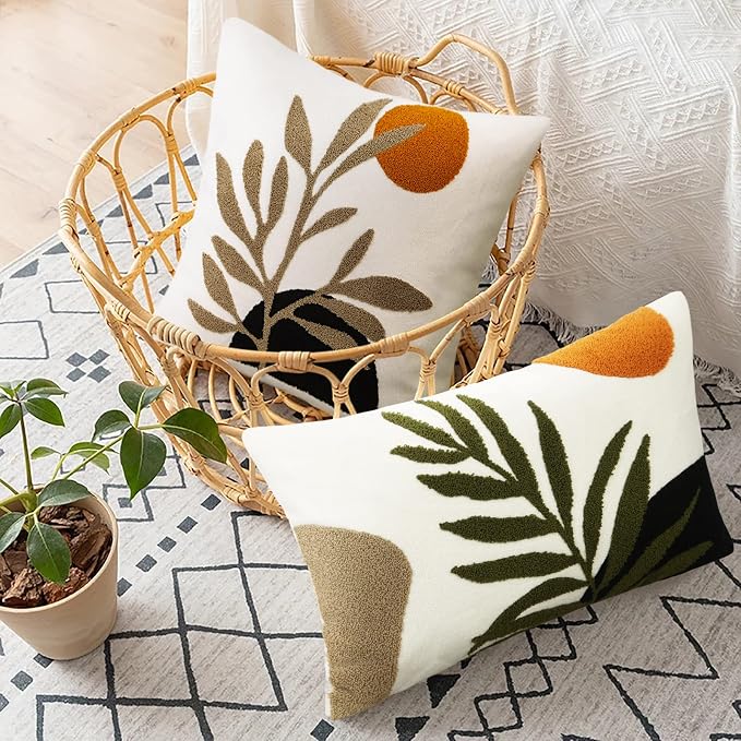 Merrycolor Boho Lumbar Throw Pillow Covers 12x20 Tufted Abstract Mid Century Modern Pillowcases Bohemian Aesthetic Decorative Pillows for Couch Bed Sofa Living Room (1PC,Green and Black)