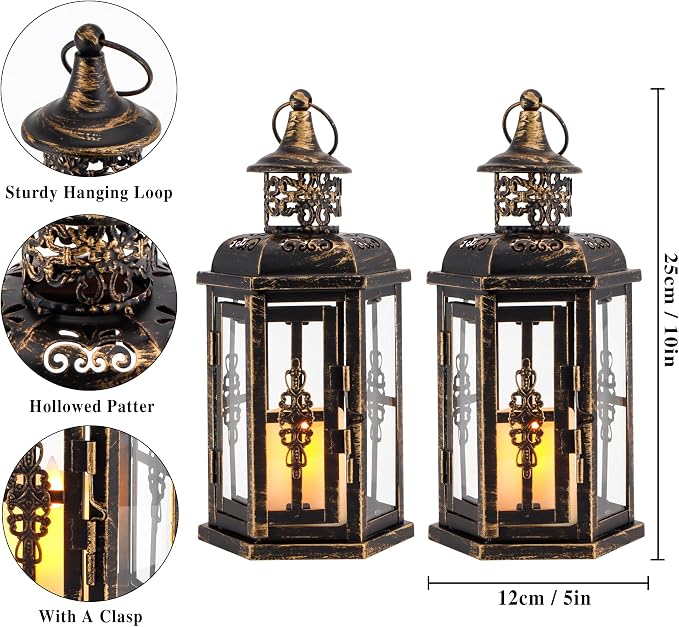 JHY DESIGN Decorative Candle Lanterns Set of 2 10" H Vintage Hanging Lanterns Metal Candleholders for Indoor Outdoor Home Parities and Weddings (Black with Gold Brush)